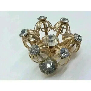 Vintage Brooch Clear Rhinestones Gold Filigree Floral Art Deco